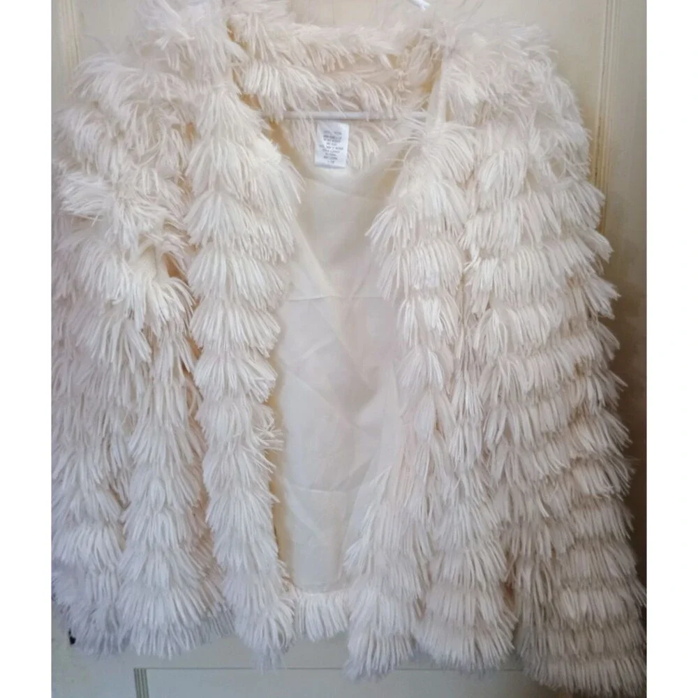 Main Strip Women's White Shag Faux Fur Open Front Jacket Coat Size Small Boho